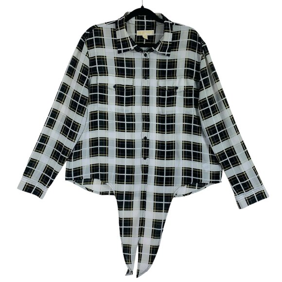 Michael Kors sheer plaid print light weight button down blouse long sl top sz xl - Picture 1 of 16